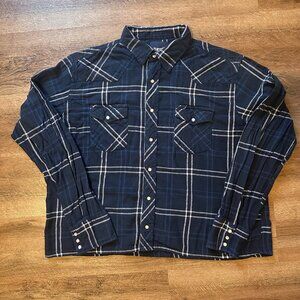 Wrangler Casual Button Down Mens XL Navy Blue Plaid Western Flannel Shirt
